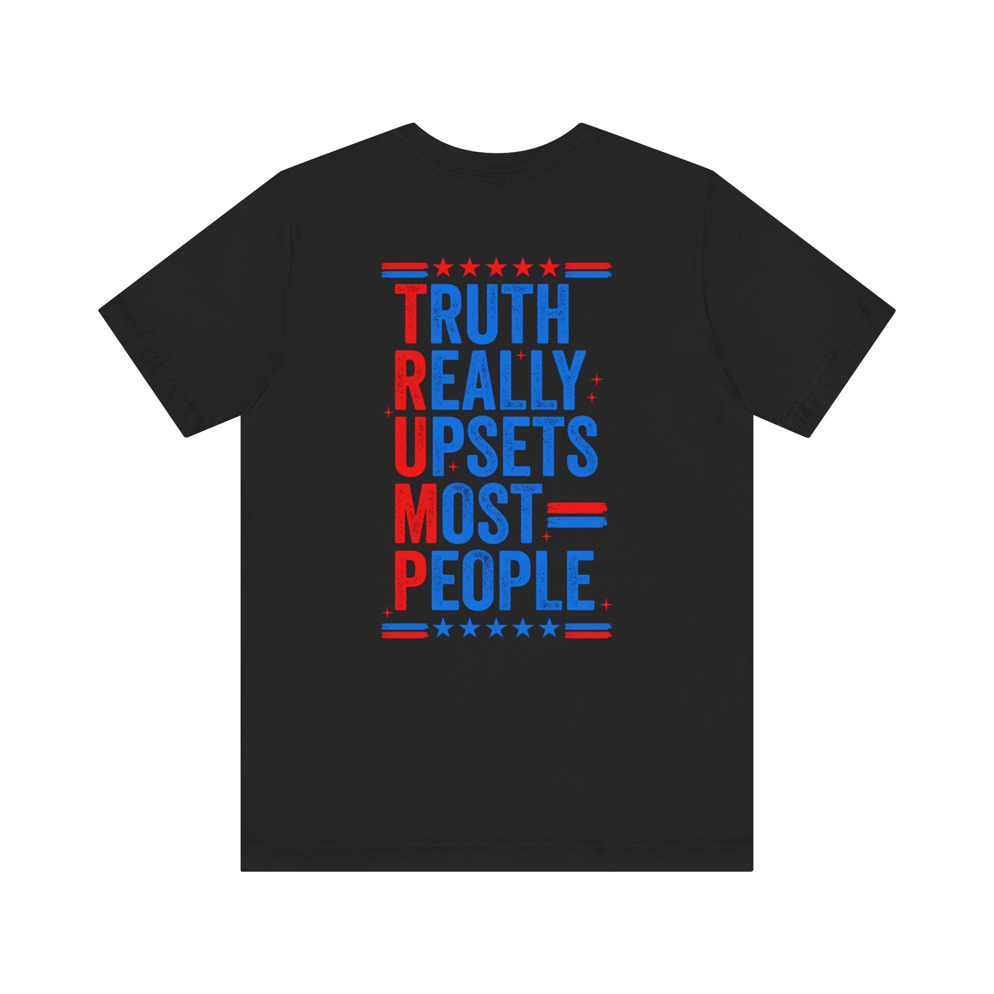 Black t-shirt with red, white, and blue text on back on a white background
