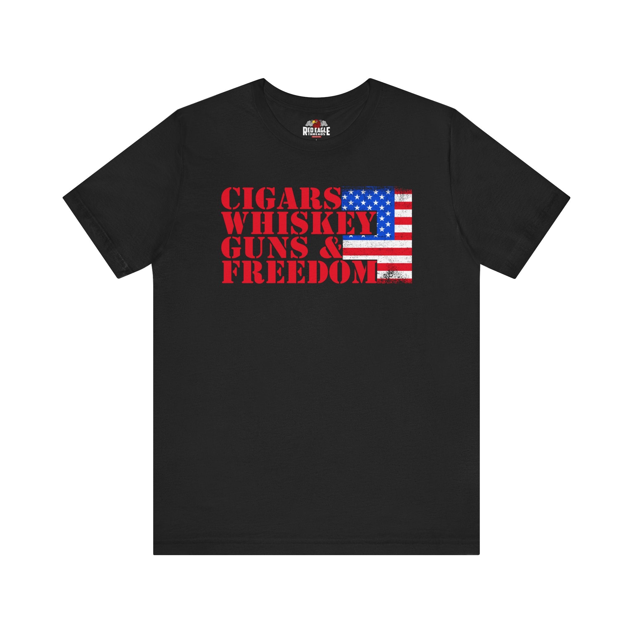 Black t-shirt with 'Cigars Whiskey Guns & Freedom' text and American flag design on a white background