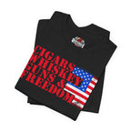 Black t-shirt with 'Cigars Whiskey Guns & Freedom' text and American flag design on a white background.