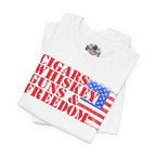 White t-shirt with red text and American flag design on a white background