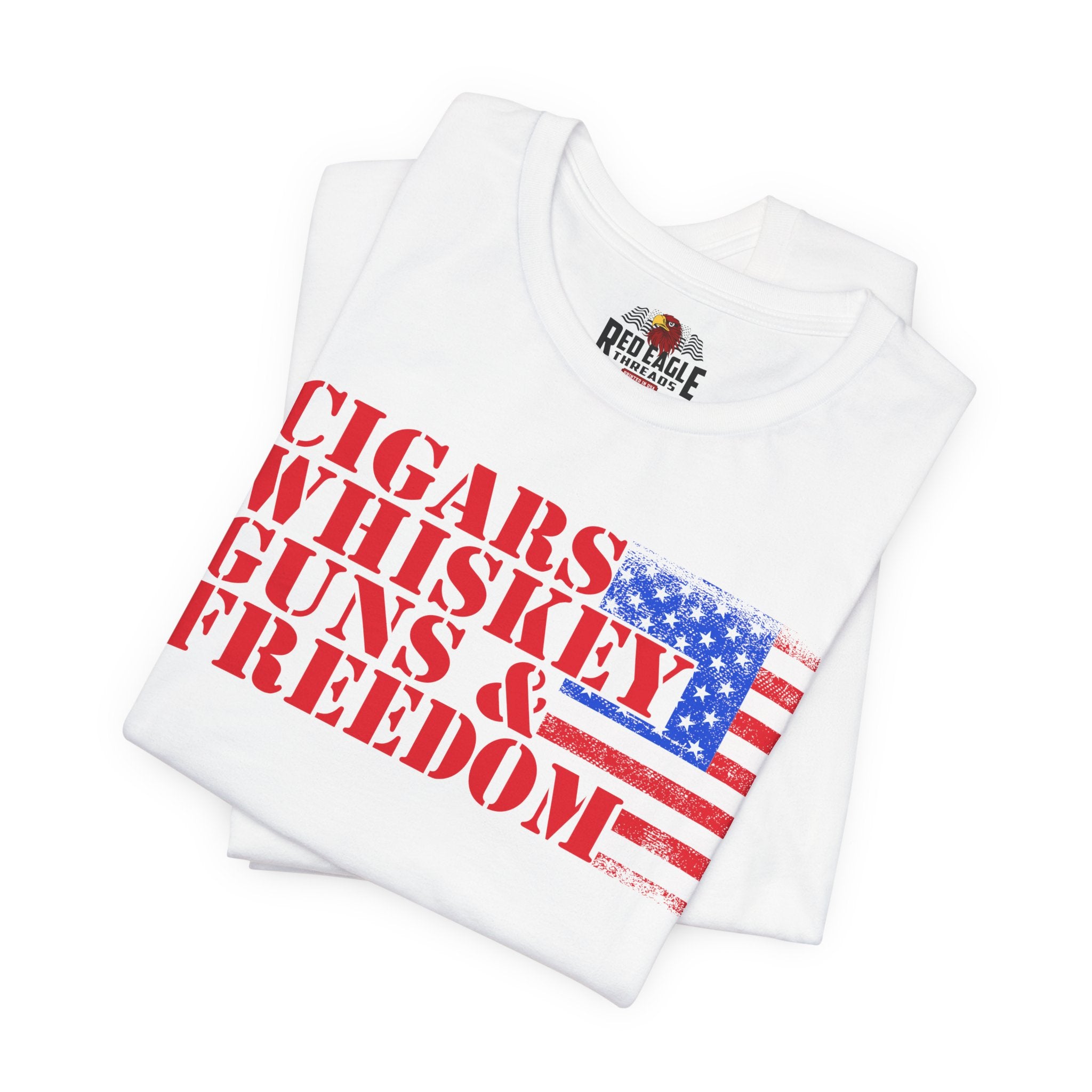 White t-shirt with red text and American flag design on a white background