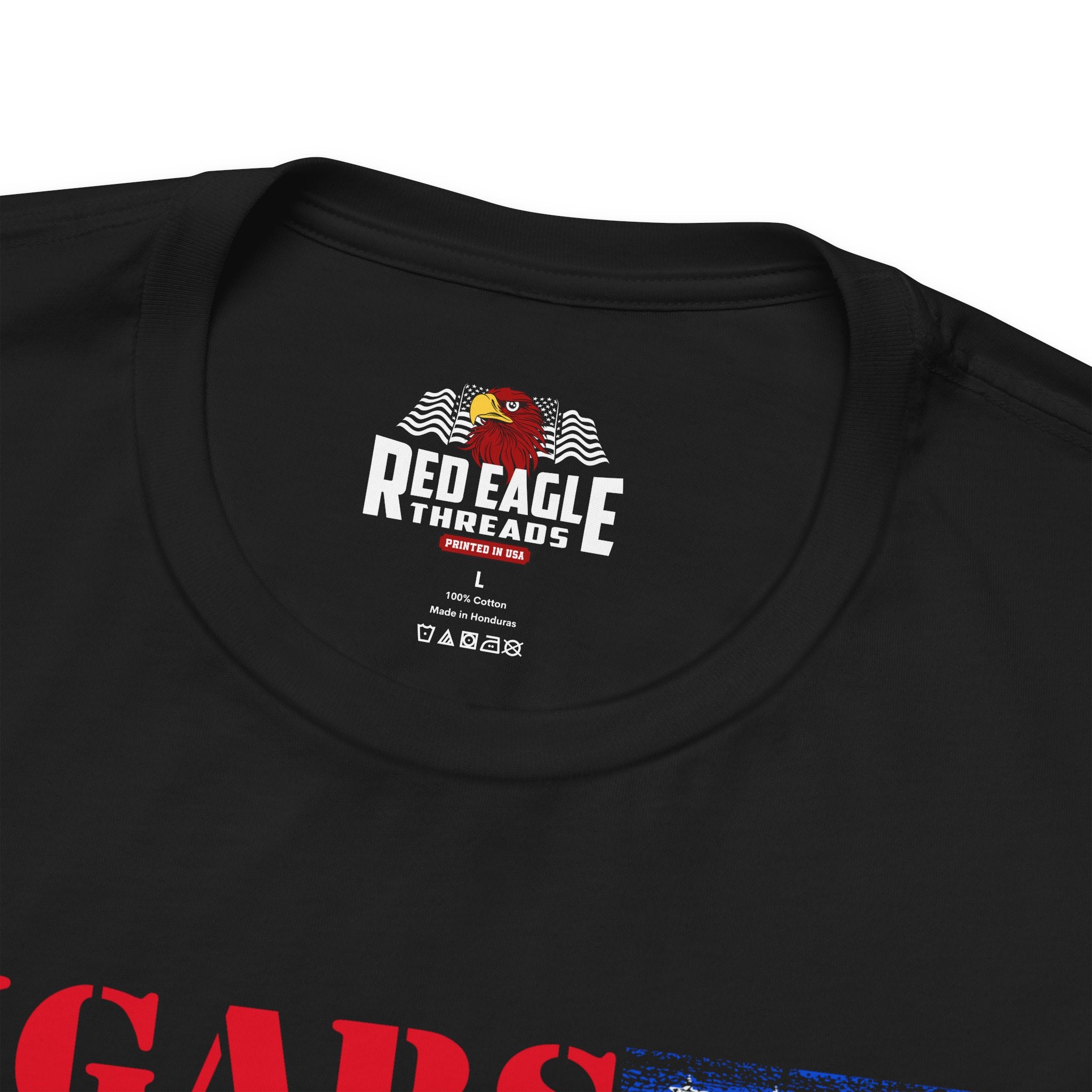 Black t-shirt with Red Eagle Threads logo on a white background