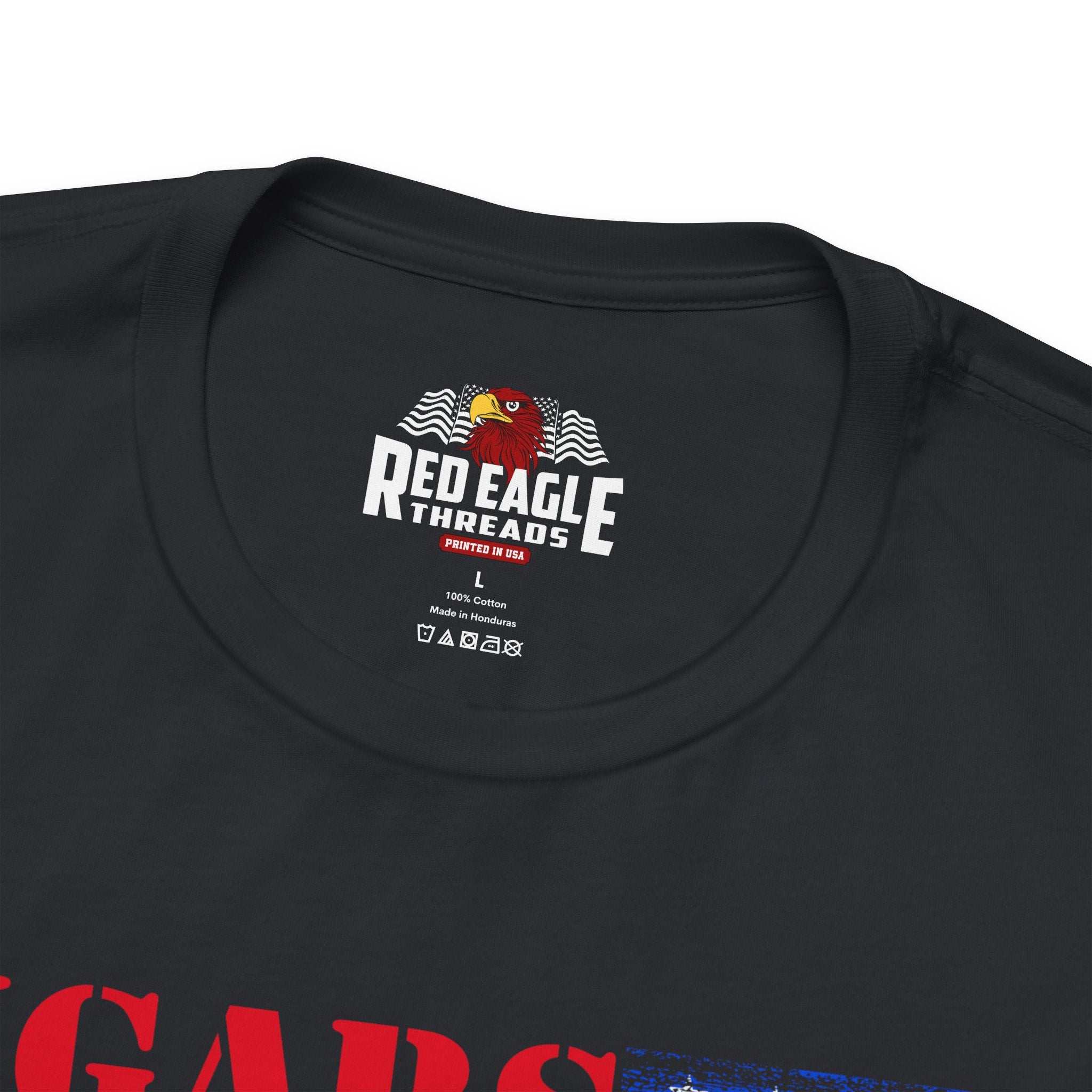 Vintage Black t-shirt with Red Eagle Threads logo on a white background