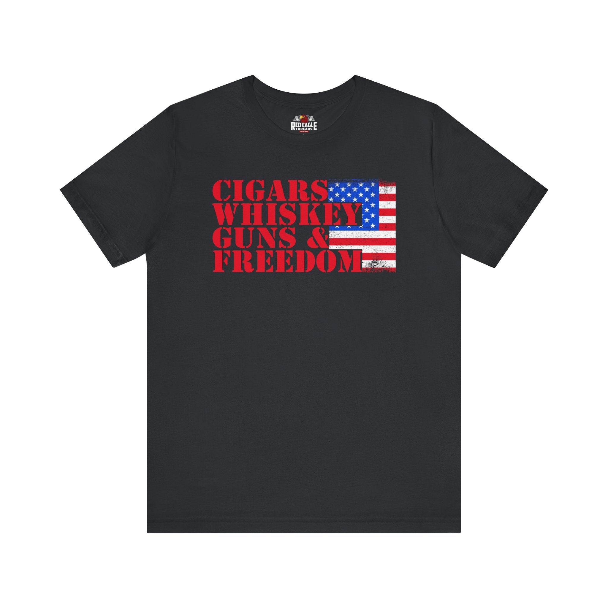 Vintage Black t-shirt with 'Cigars Whiskey Guns & Freedom' text and American flag design on a white background
