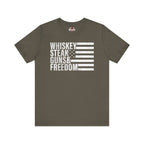 Army Green t-shirt with white text and flag design on a white background