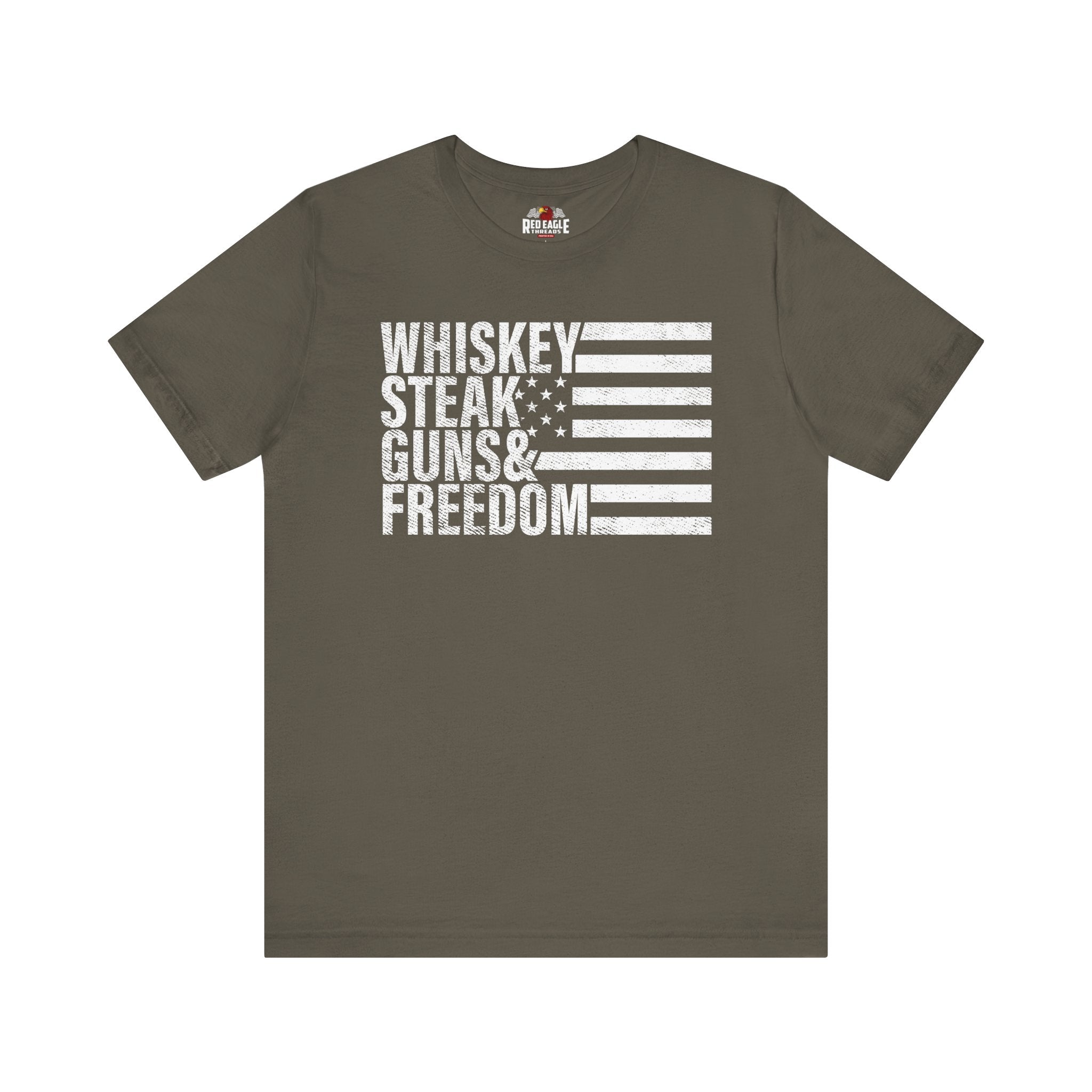 Army Green t-shirt with white text and flag design on a white background