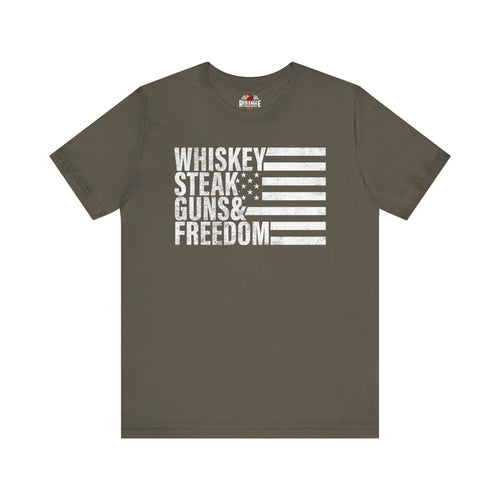 Army Green t-shirt with white text and flag design on a white background