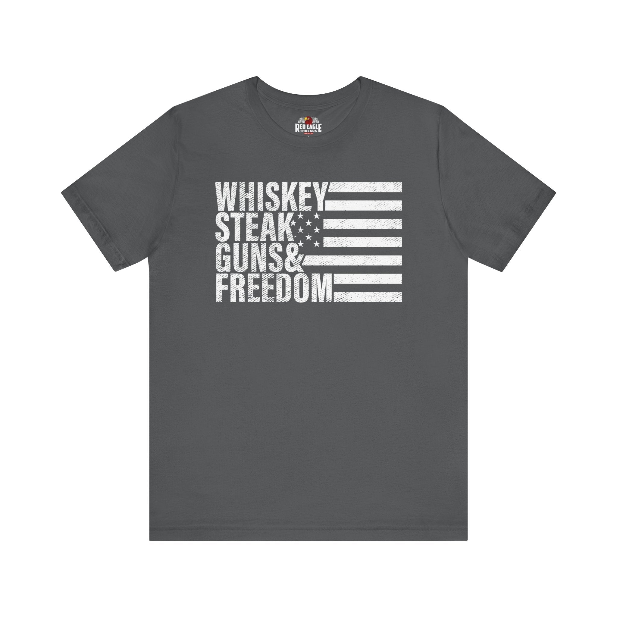 Asphalt t-shirt with 'Whiskey Steak Guns & Freedom' text and American flag design on a white background