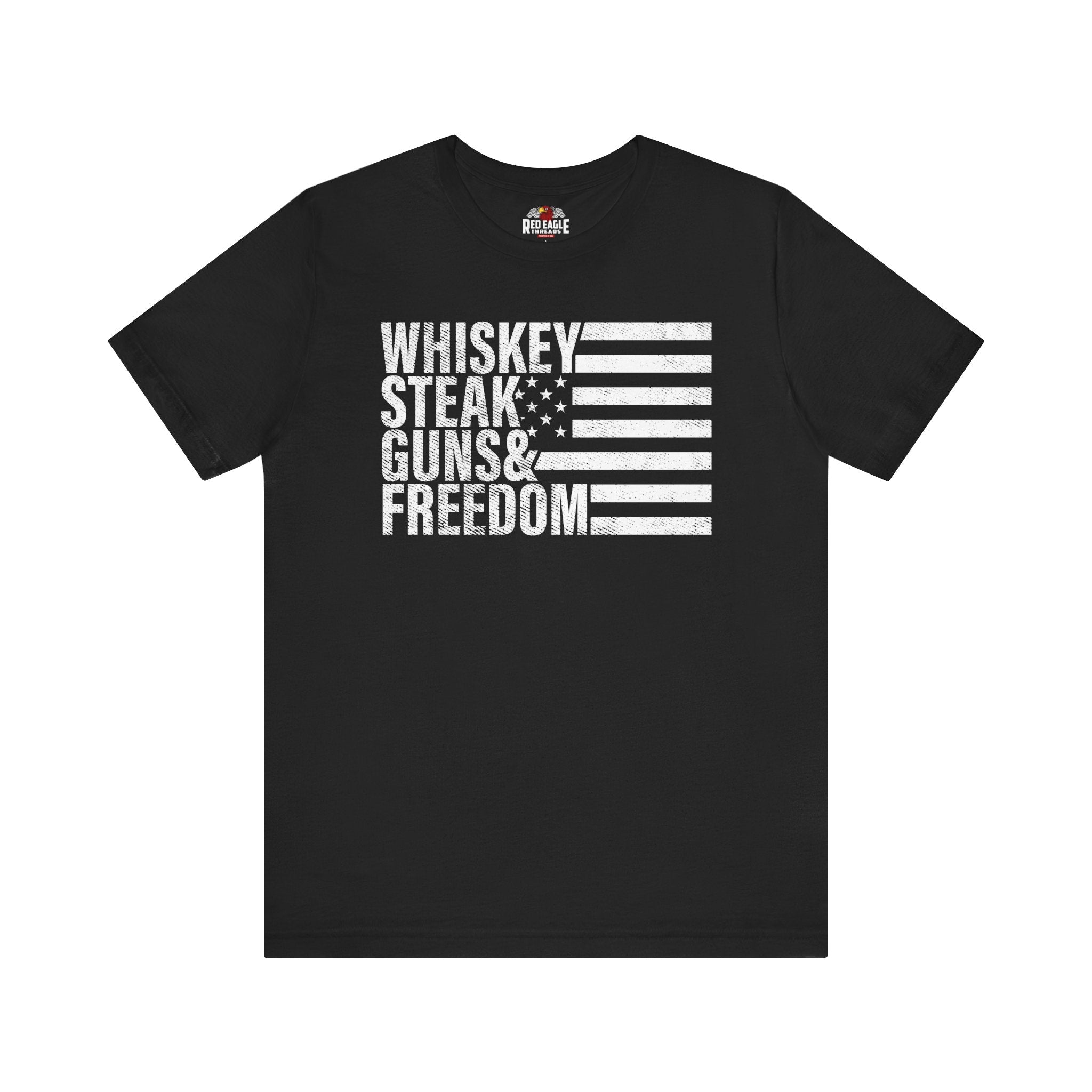 Black t-shirt with white text and flag design on a white background