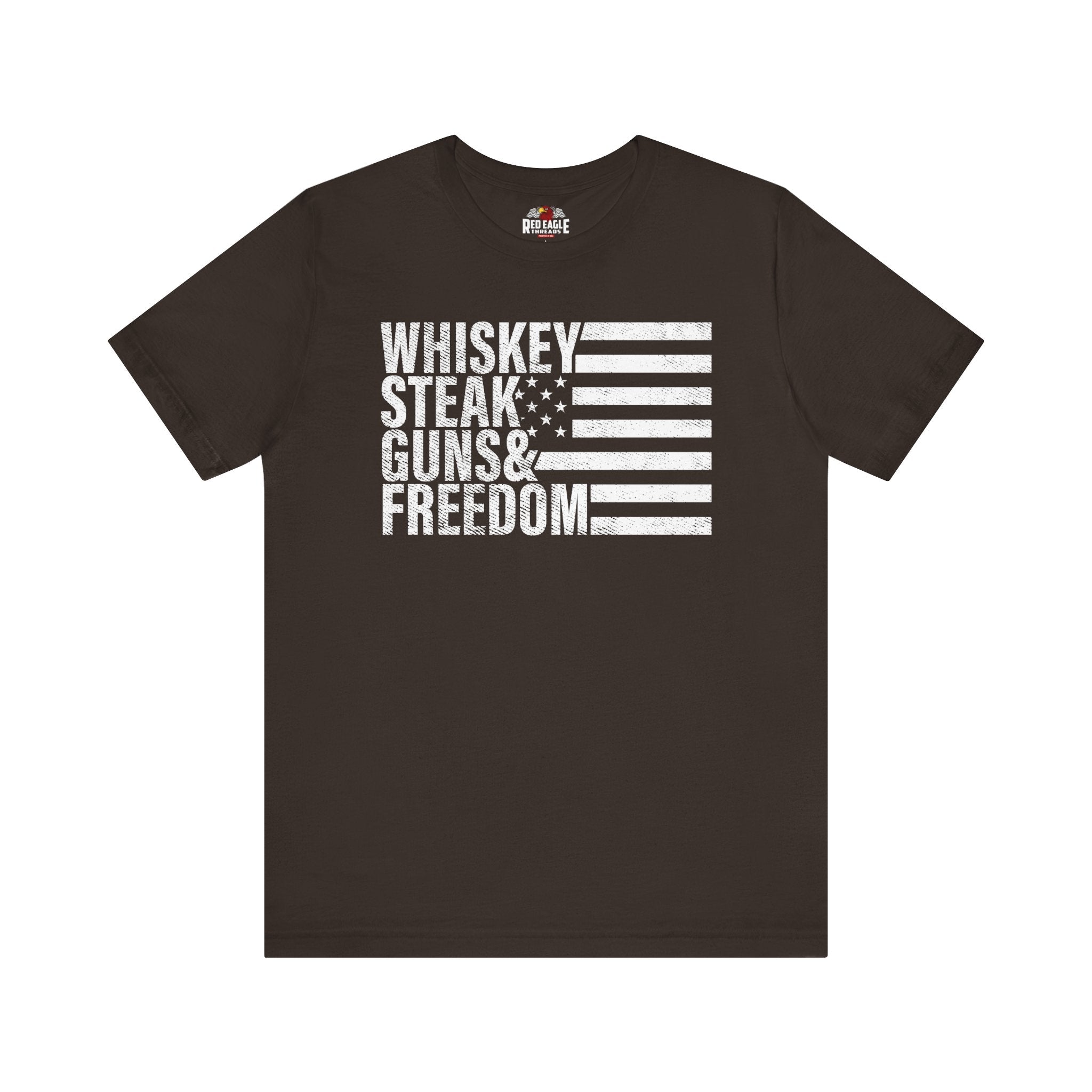 Brown t-shirt with white text and flag design on a white background