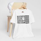 White t-shirt with text design on a wooden chair against a white background
