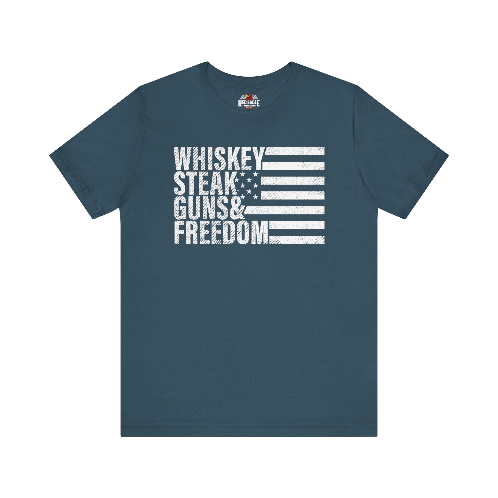 Deep teal t-shirt with white text and flag design on a white background