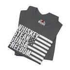 Asphalt t-shirt with 'Whiskey, Steak, Guns & Freedom' text and Red Eagle logo on a white background