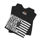 Black t-shirt with 'Whiskey Steak Guns & Freedom' text and American flag design, featuring Red Eagle Wear brand.