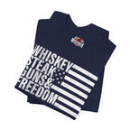 Navy blue t-shirt with white text and American flag design on a white background