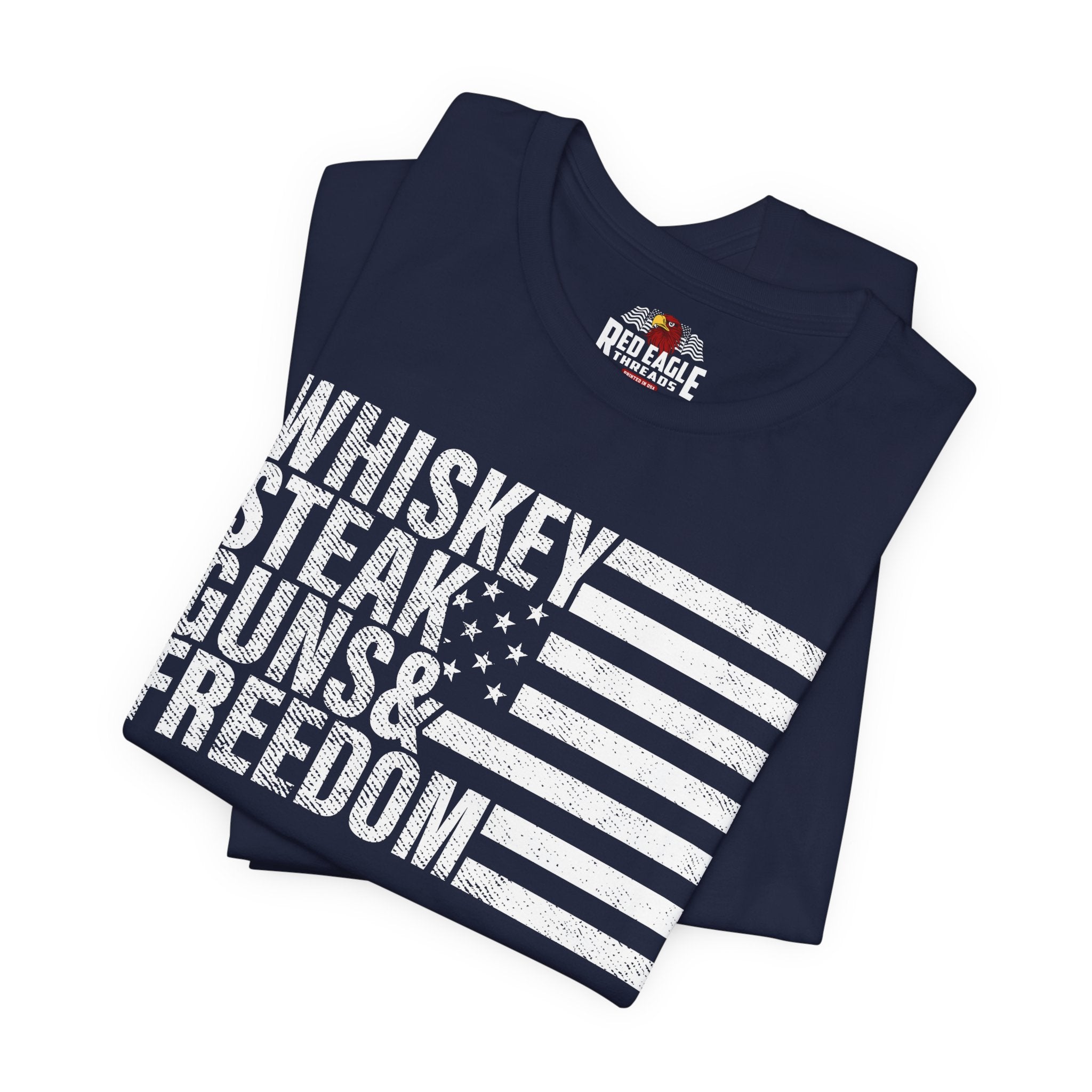 Navy blue t-shirt with white text and American flag design on a white background