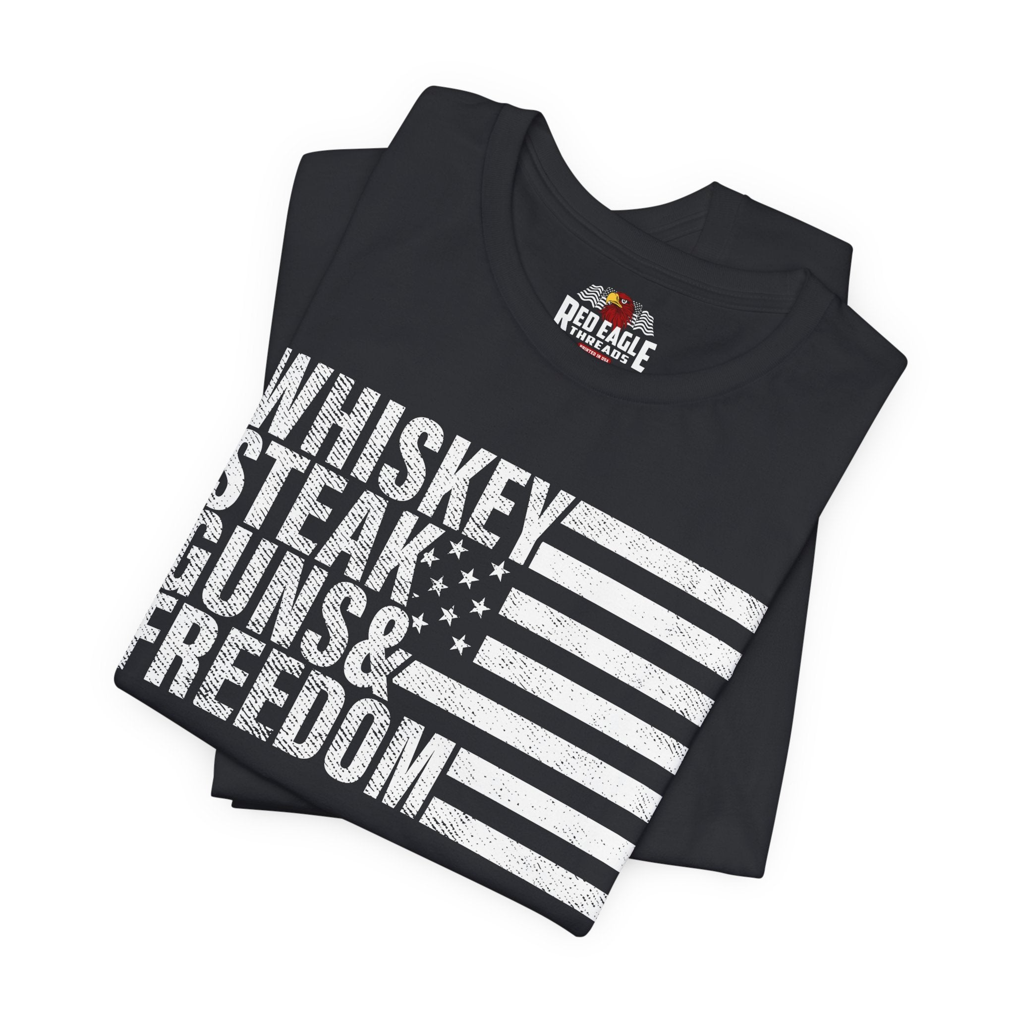 Vintage Black t-shirt with white text and flag design on a white background