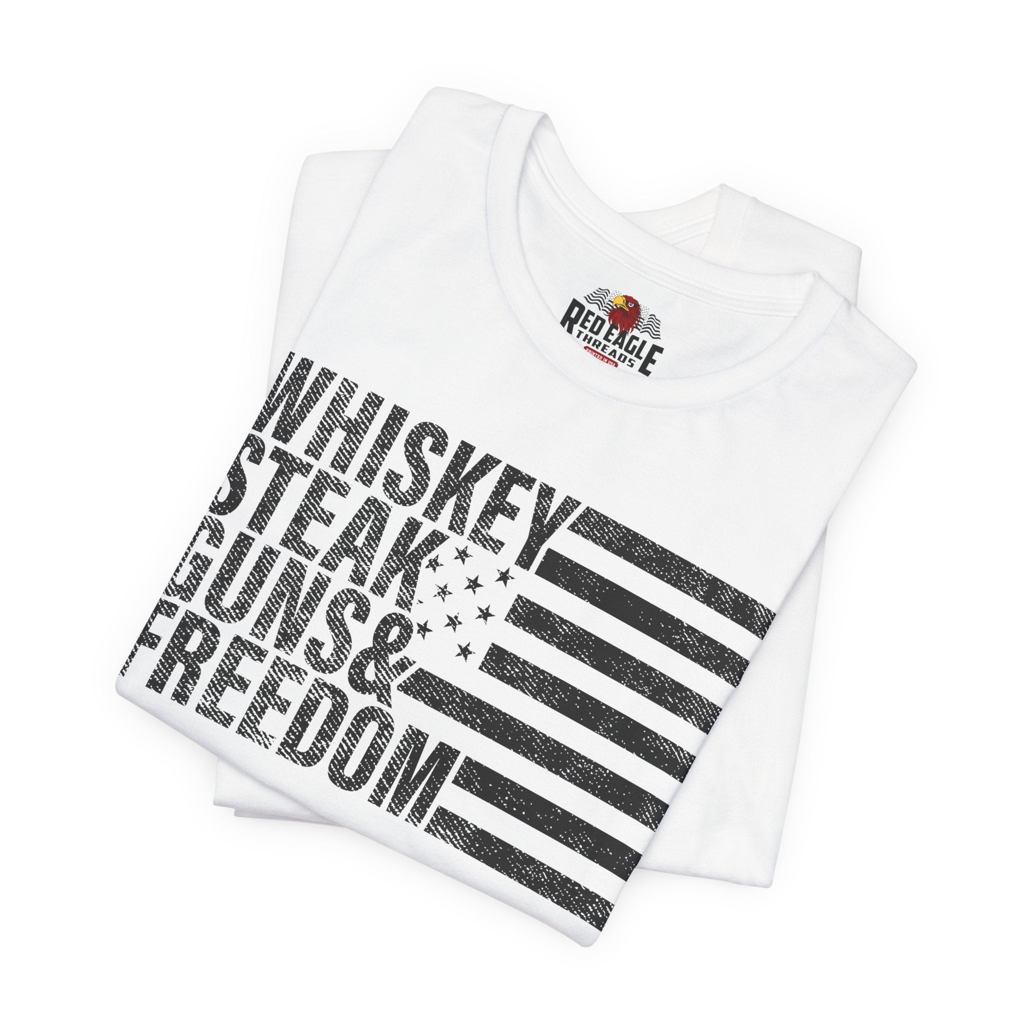 White t-shirt with black text and Red Eagle logo on a white background