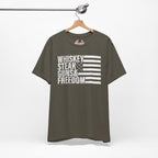 Army t-shirt with text and flag design on a hanger against a white background