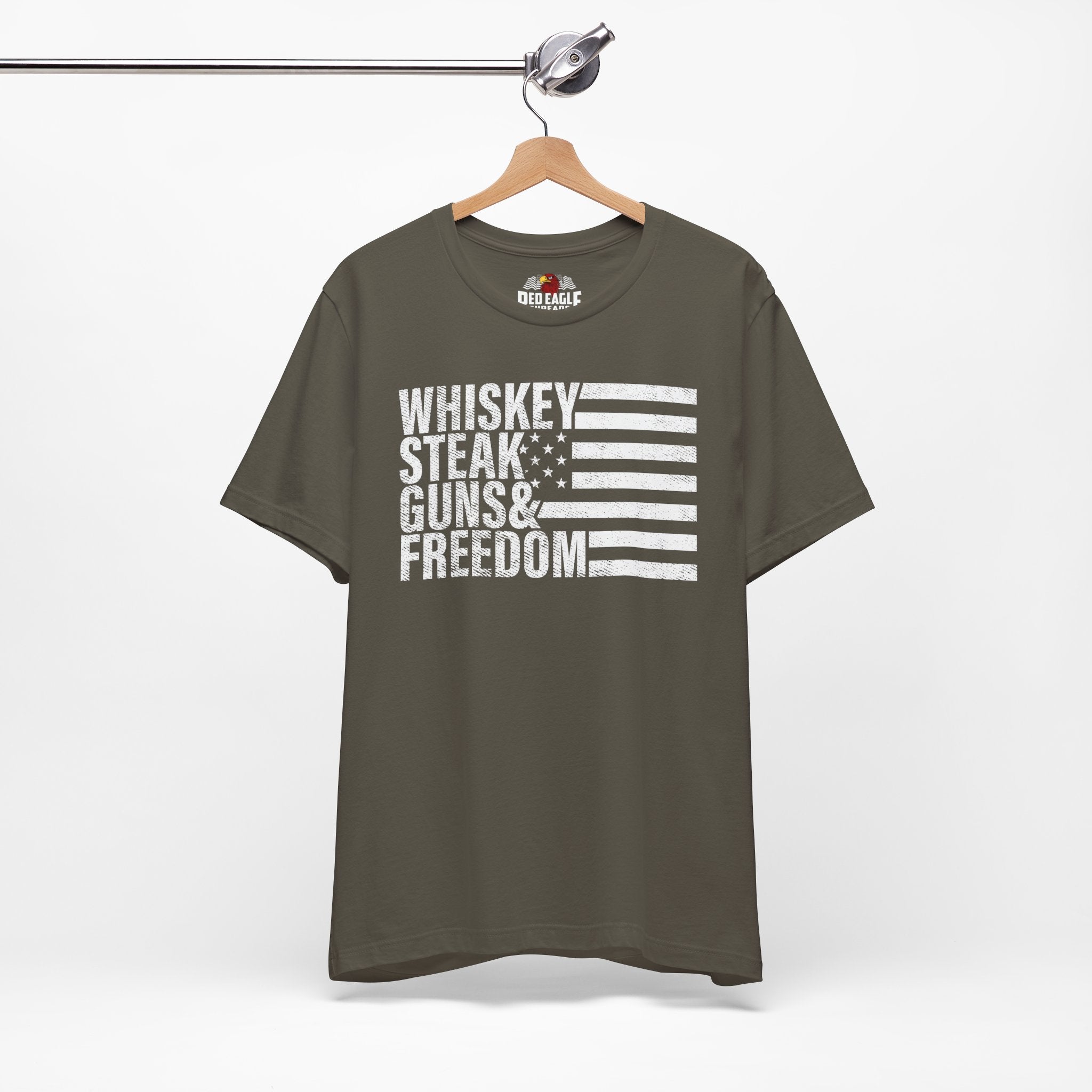 Army t-shirt with text and flag design on a hanger against a white background