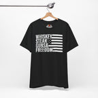 Black t-shirt with text and flag design on a hanger against a white background