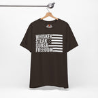 Brown t-shirt with text and flag design on a hanger against a white background