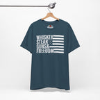 Deep Teal t-shirt with text and flag design on a hanger against a white background