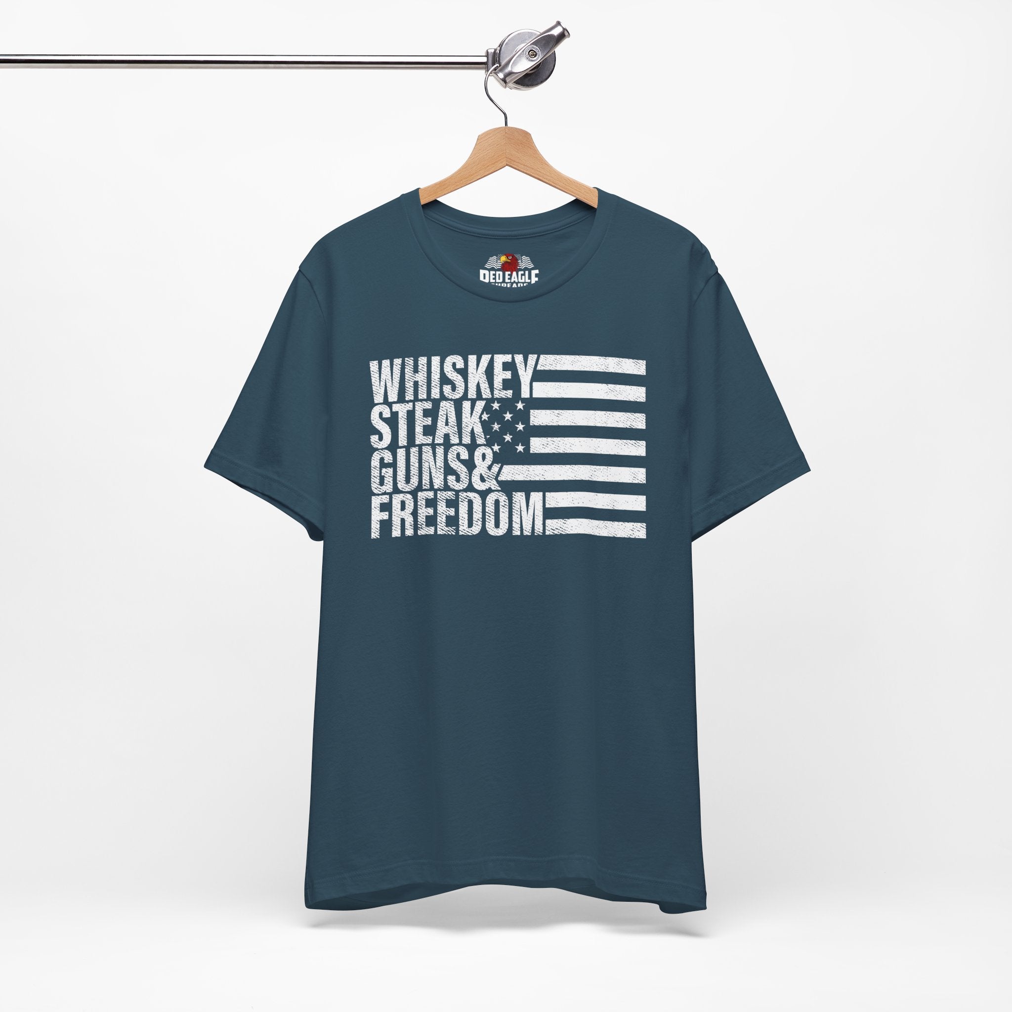 Deep Teal t-shirt with text and flag design on a hanger against a white background