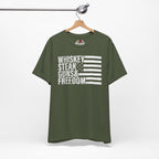 Military Green t-shirt with text and flag design on a hanger against a white background