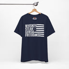 Navy blue t-shirt with white text and flag design on a hanger against a white background