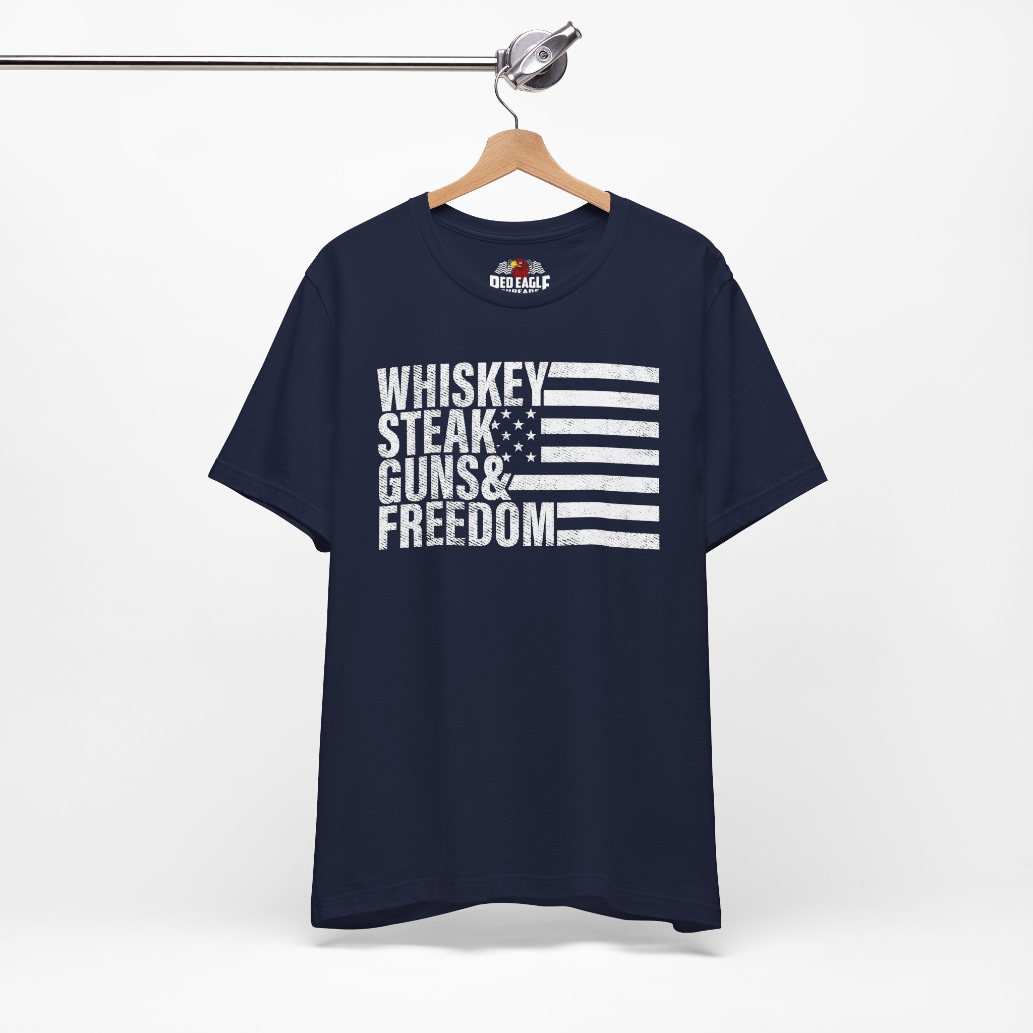 Navy blue t-shirt with white text and flag design on a hanger against a white background