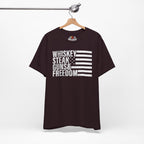 Oxblood Black t-shirt with white text and flag design on a hanger against a white background