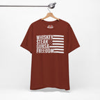 Rust t-shirt with white text and flag design on a hanger against a white background