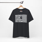 Vintage Black t-shirt with text and flag design on a hanger against a white background