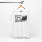 White t-shirt with black text and flag design on a hanger against a white background