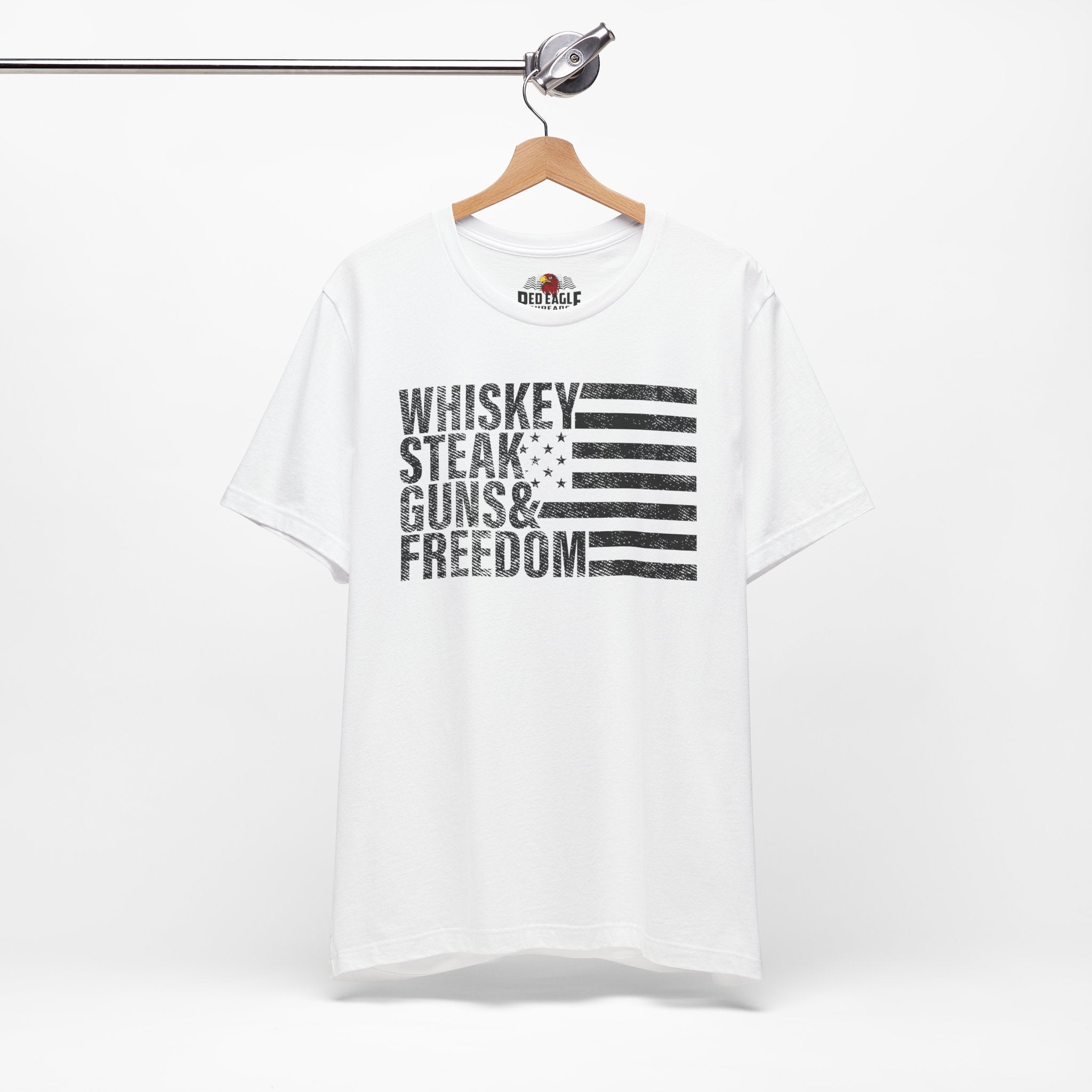 White t-shirt with black text and flag design on a hanger against a white background