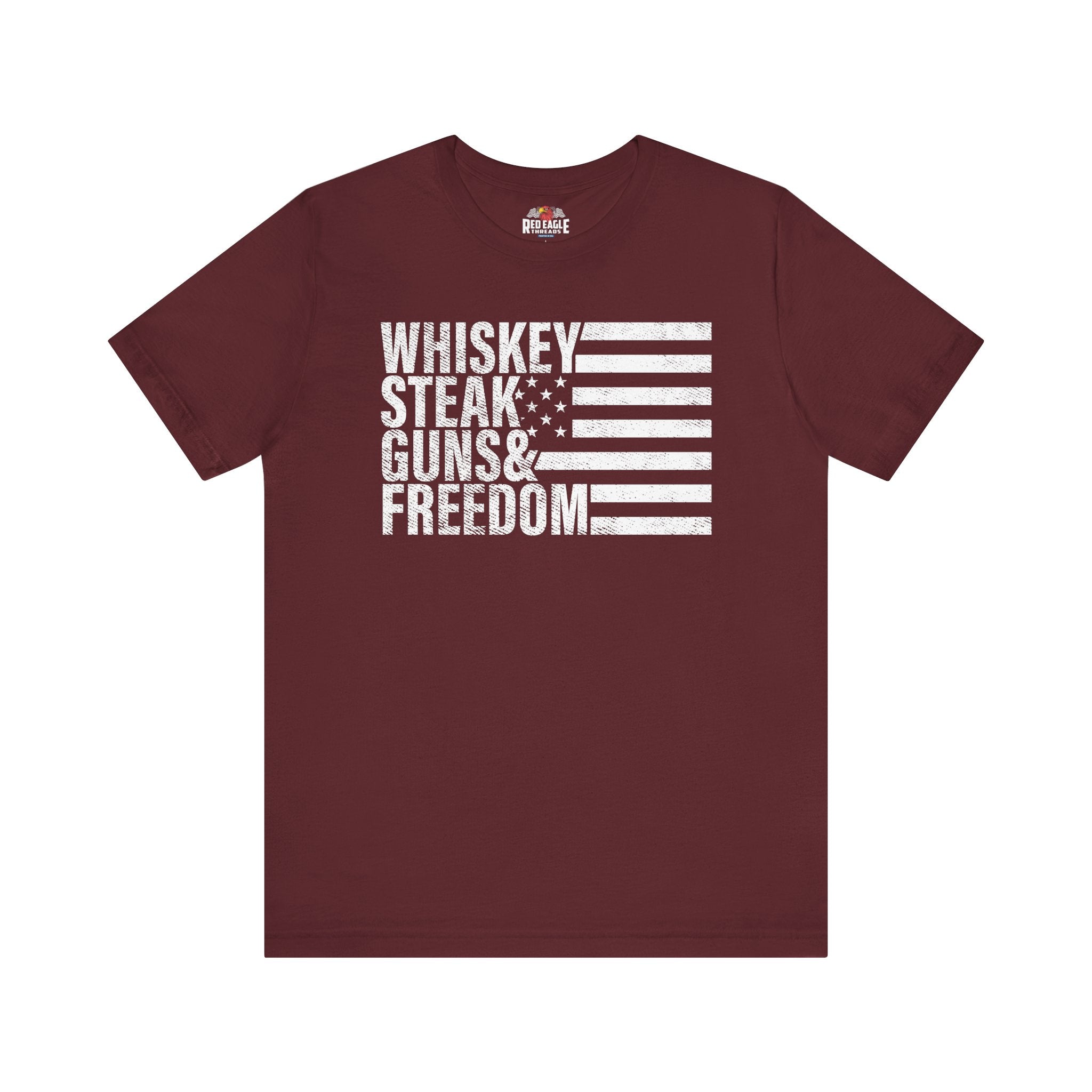 Maroon t-shirt with white text and flag design on a white background