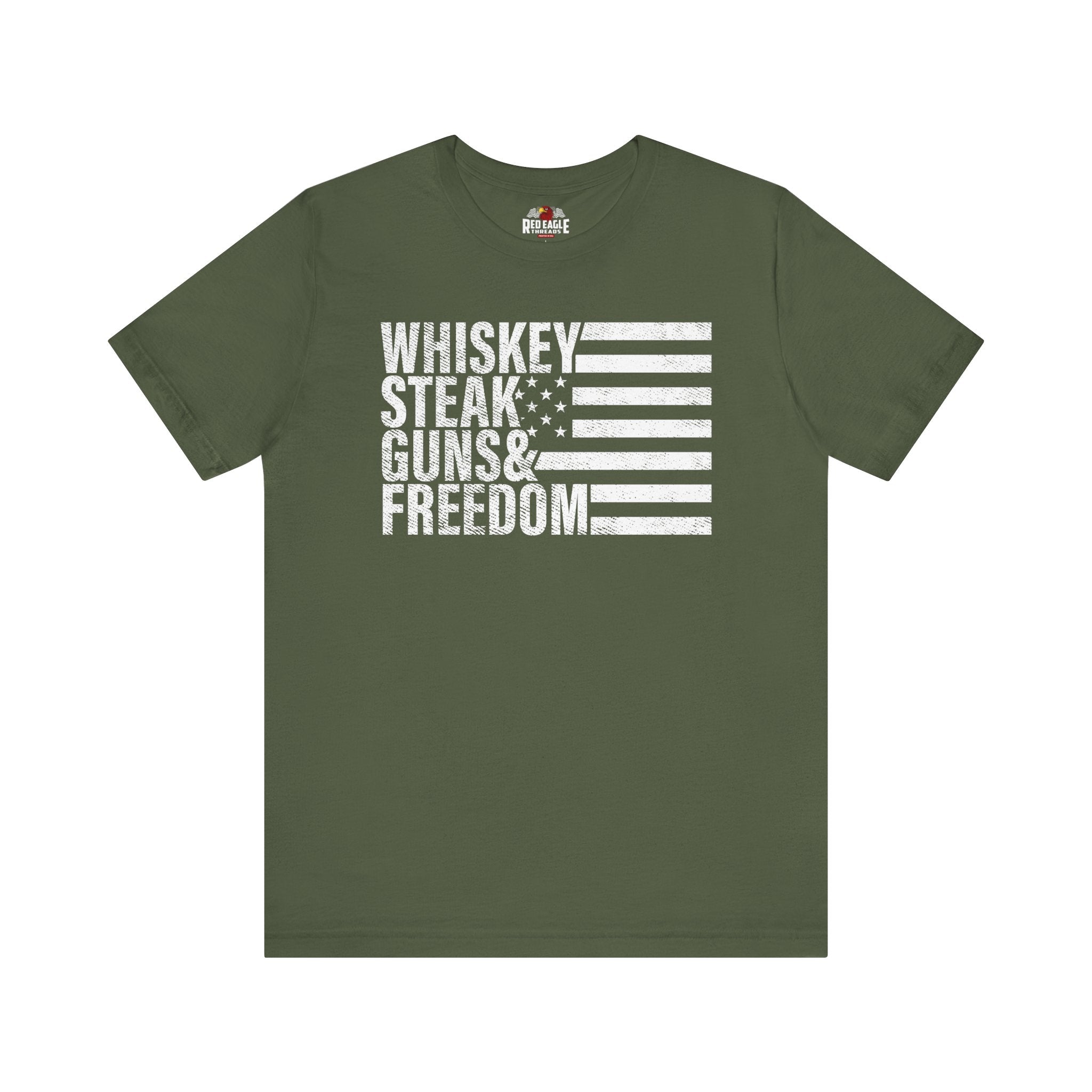 Military Green t-shirt with 'Whiskey Steak Guns & Freedom' text and American flag design on a white background