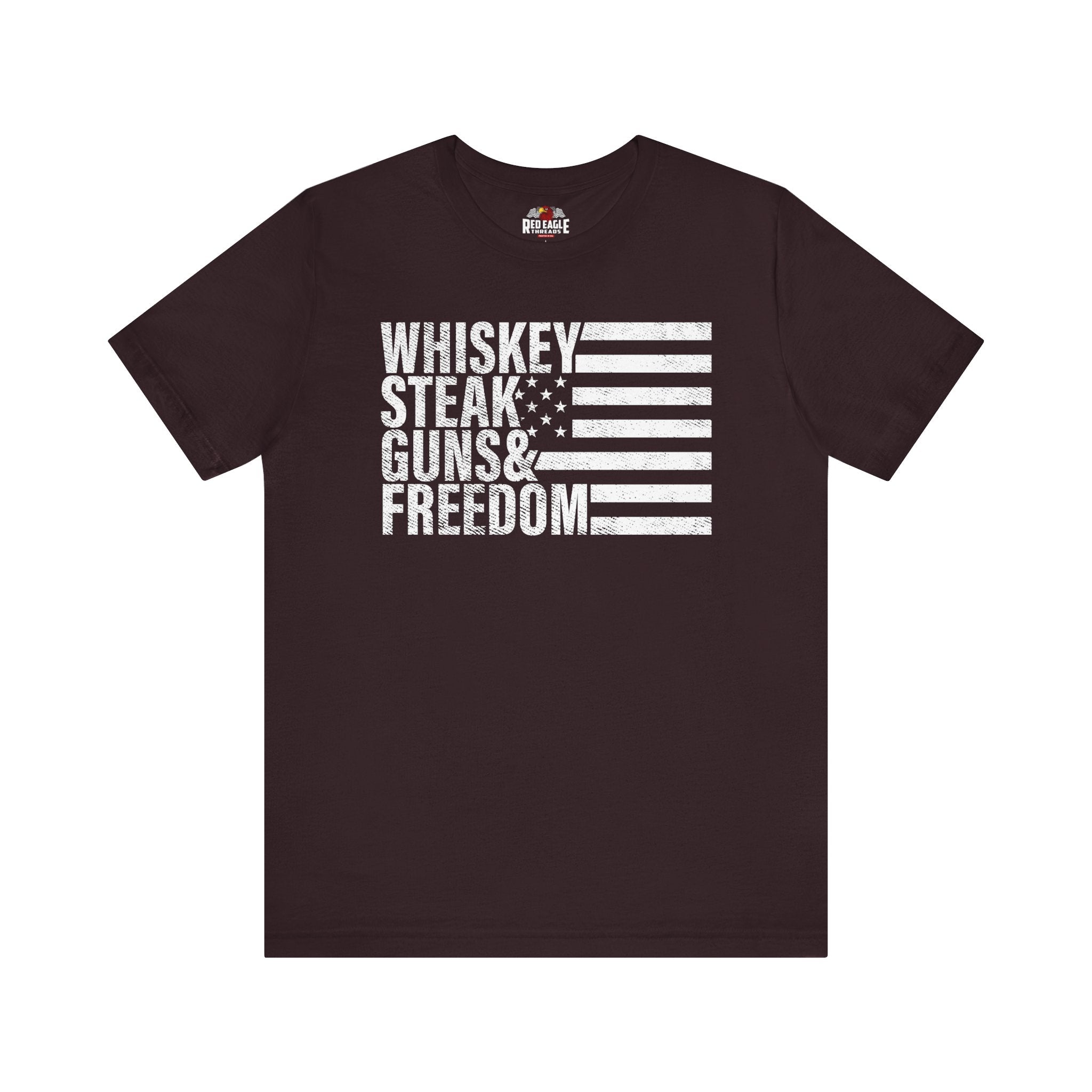 Oxblood Black t-shirt with white text and flag design on a white background