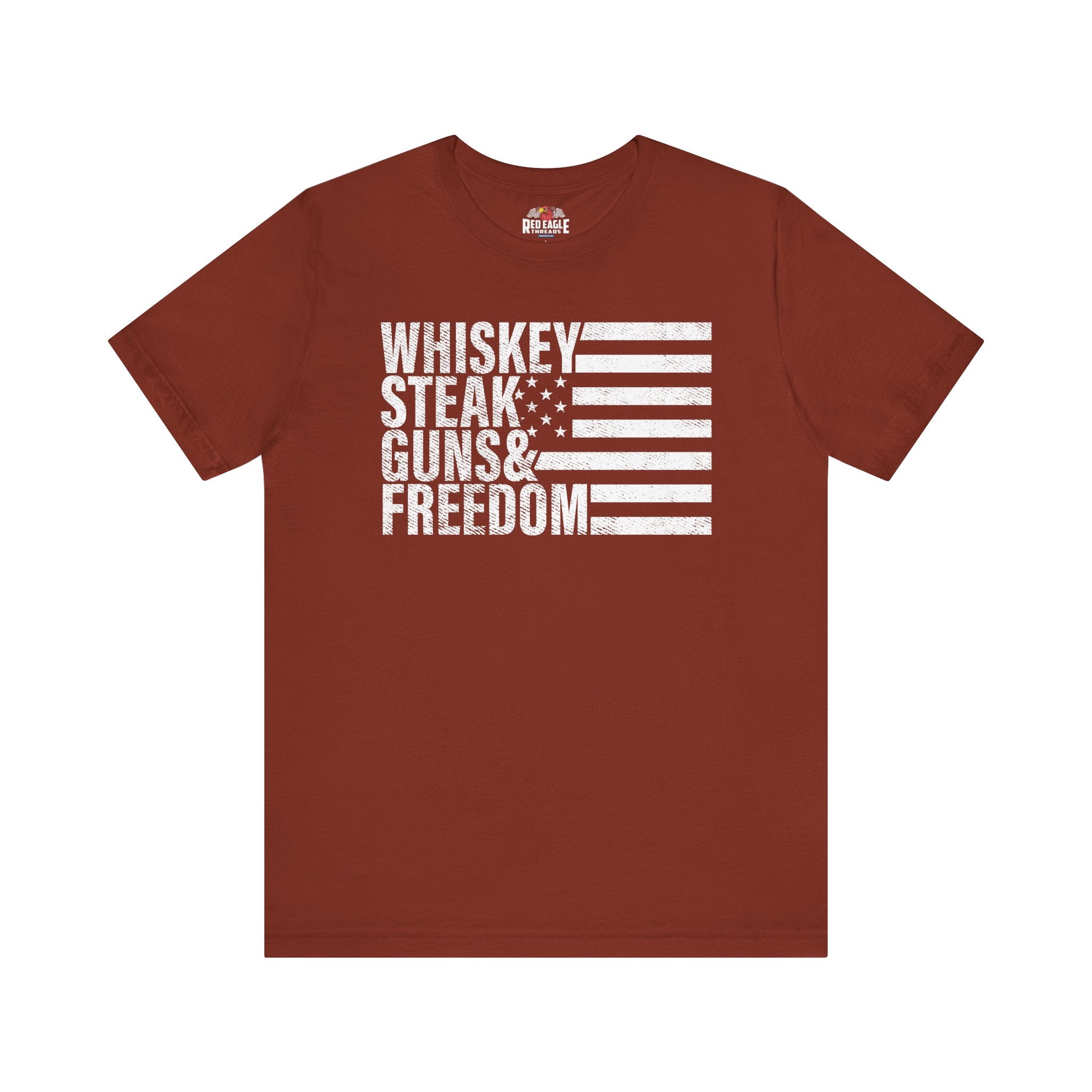 Rust t-shirt with white text and flag design on a white background