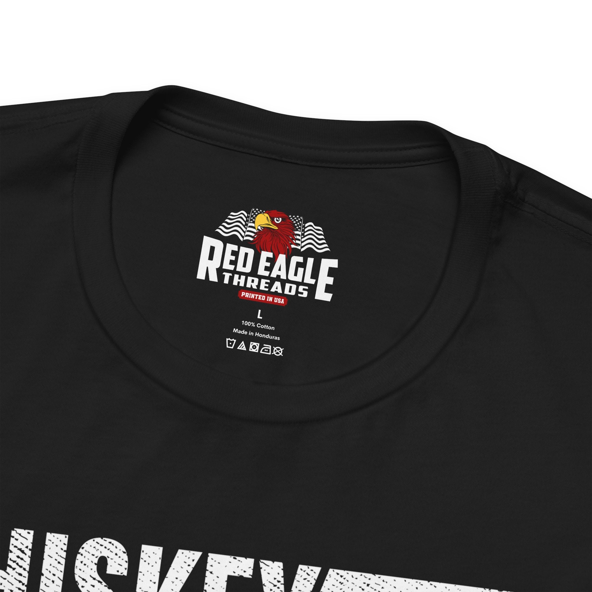 Black t-shirt with Red Eagle Threads logo on a white background