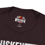 Close-up of a oxblood black t-shirt with 'Red Eagle Threads' logo on a white background