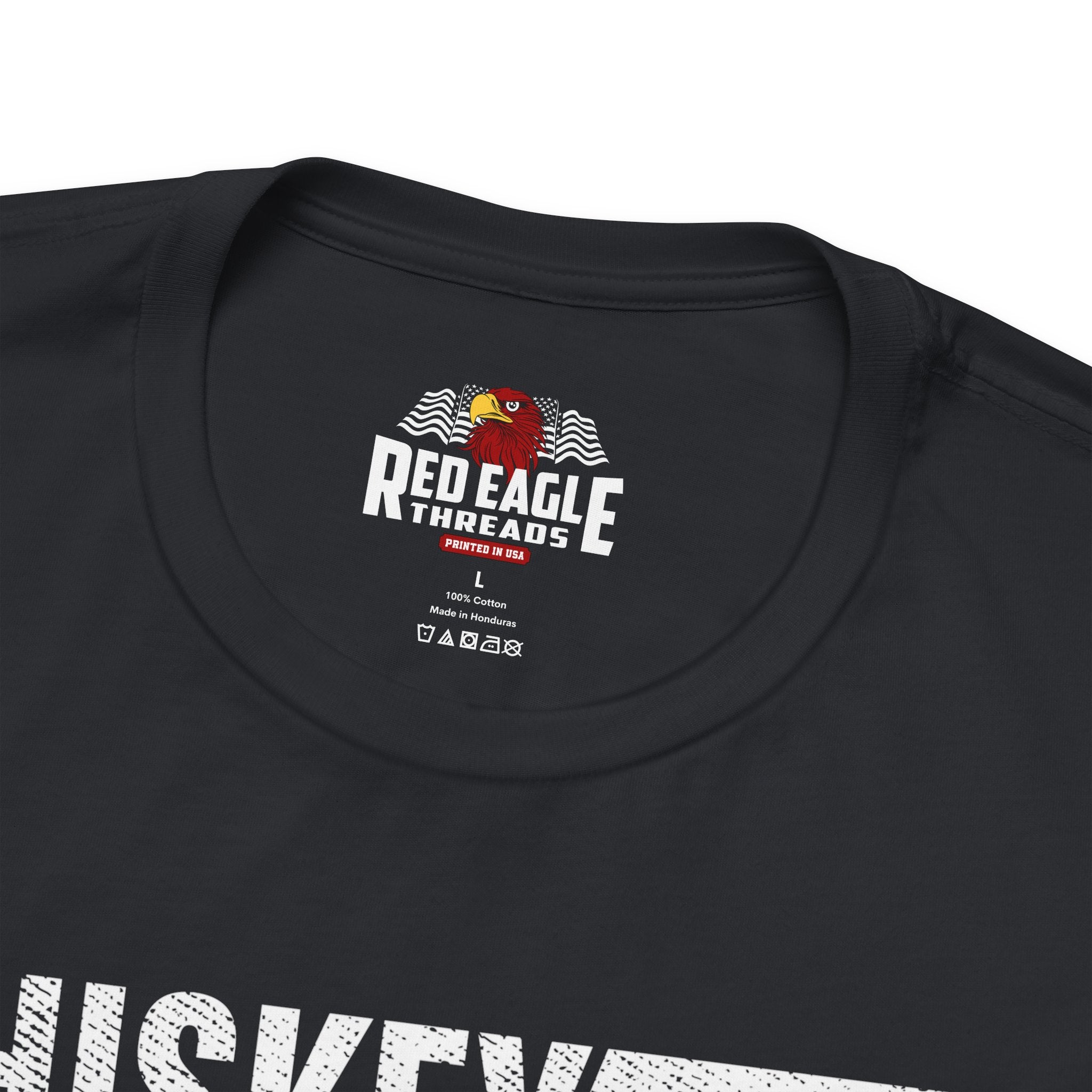 Vintage Black t-shirt with Red Eagle Threads logo on a white background