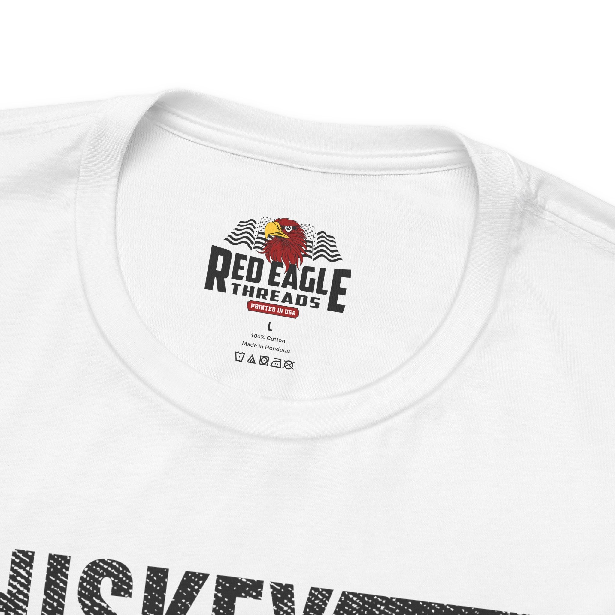 White t-shirt with Red Eagle Threads logo and text on a white background
