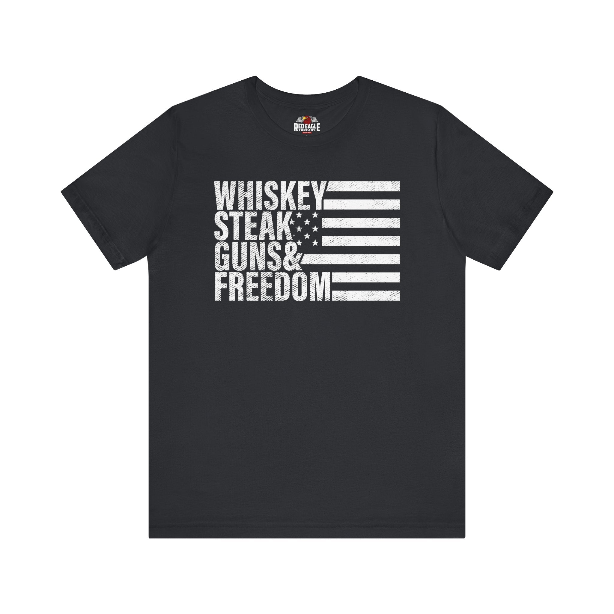 Vintage Black t-shirt with white text and flag design on a white background