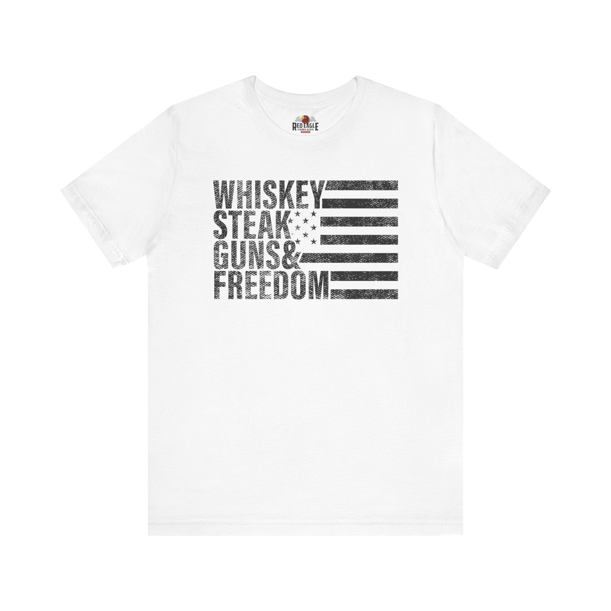 White t-shirt with black text and flag design on a white background