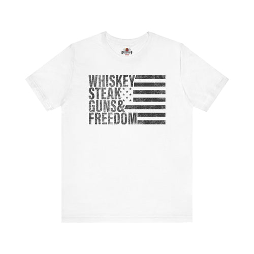 White t-shirt with black text and flag design on a white background