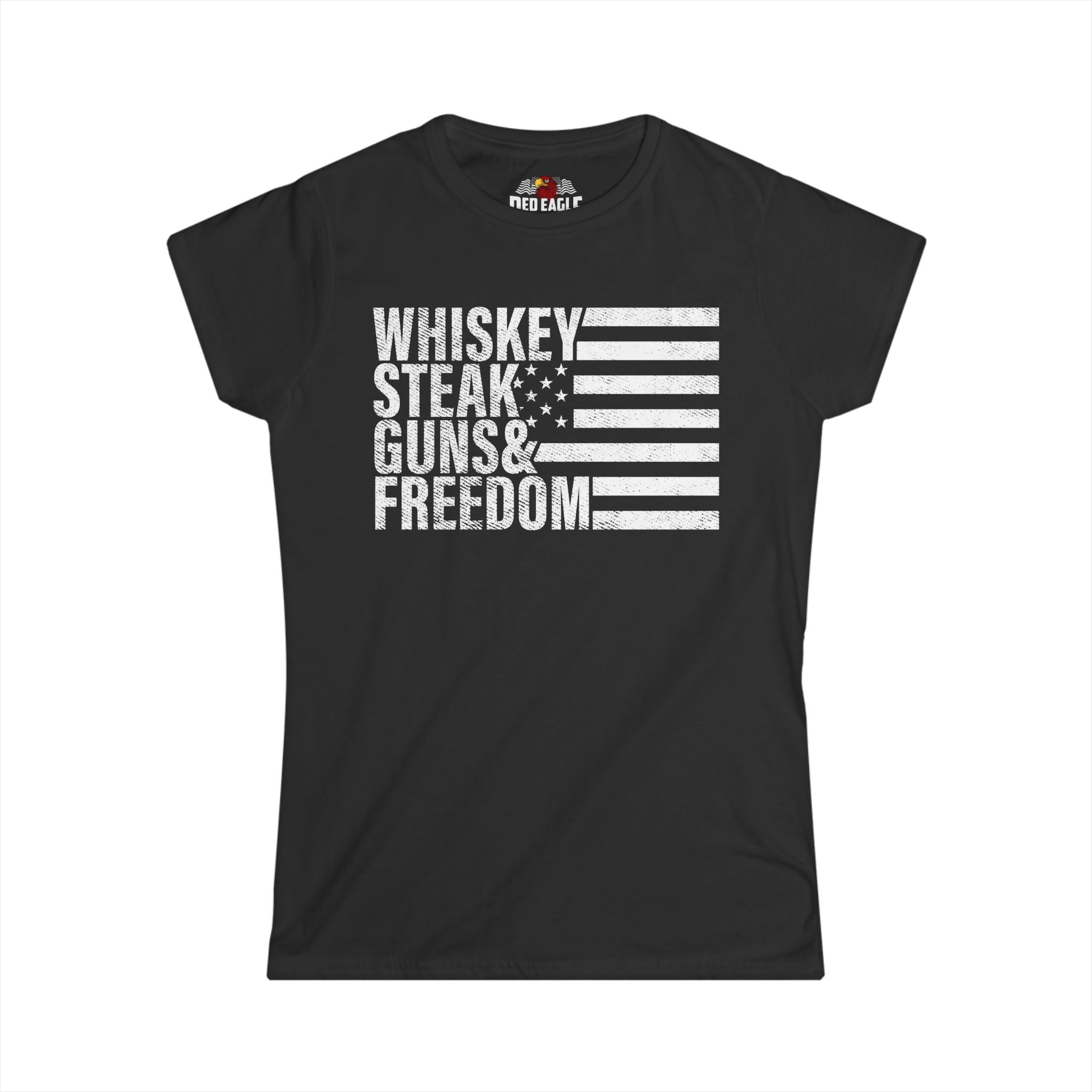 Black t-shirt with white text and flag design on a white background