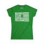 Green t-shirt with white text and American flag design on a white background