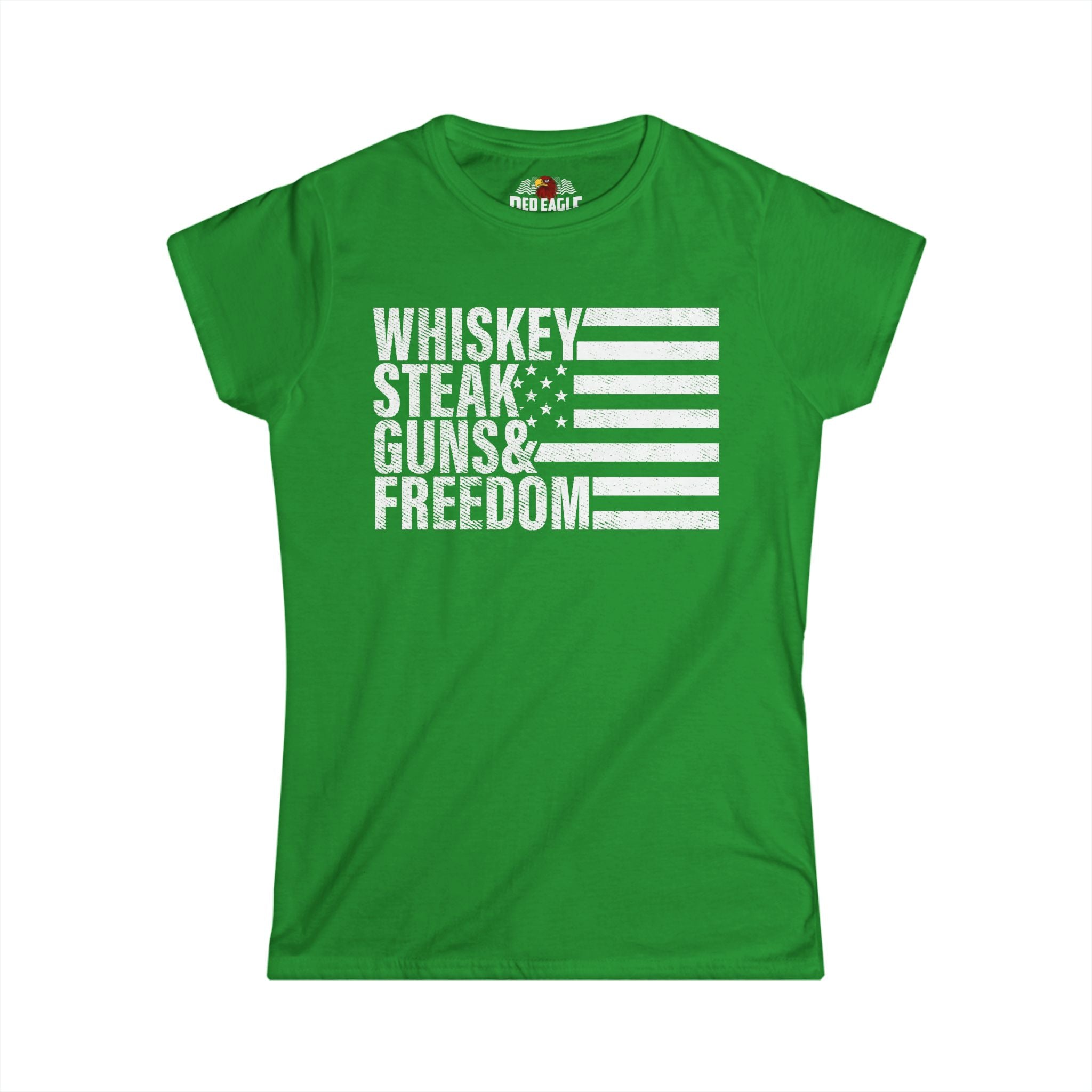 Green t-shirt with white text and American flag design on a white background
